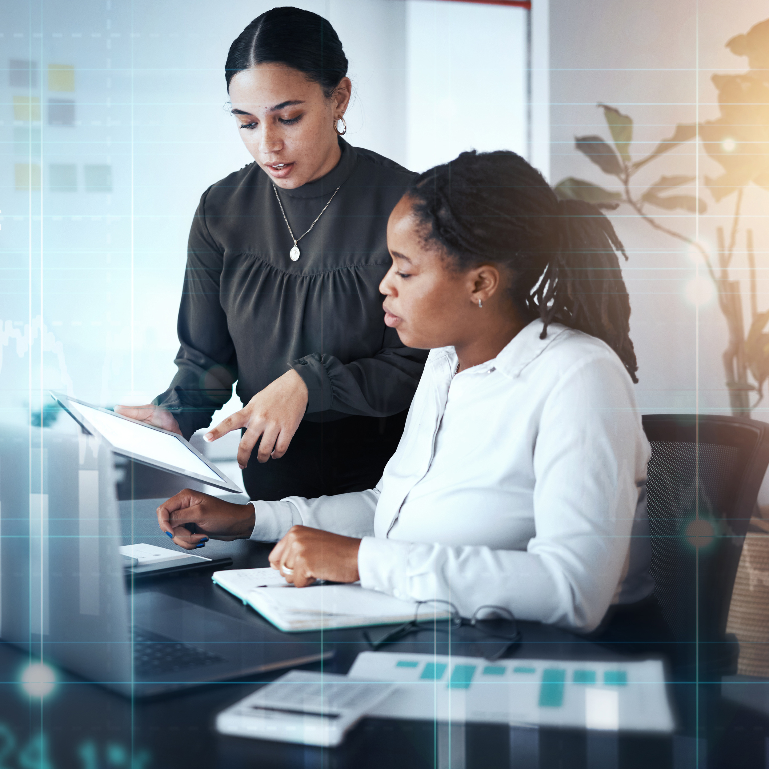 Teamwork, data and women in office with overlay for online finan Teamwork, data and women in office with overlay for online financial growth report for business partnership. Support, trust and collaboration at digital marketing startup company with chart and graph.